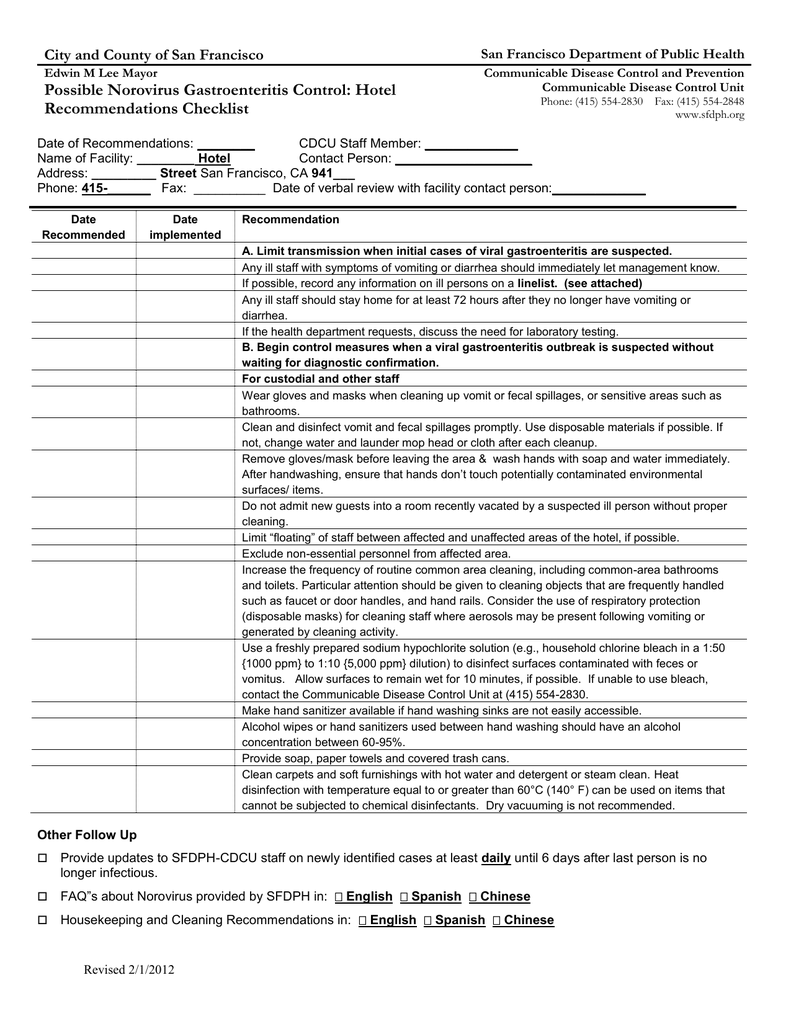 Cleaning Recommendation Checklist For Hotels With Guests