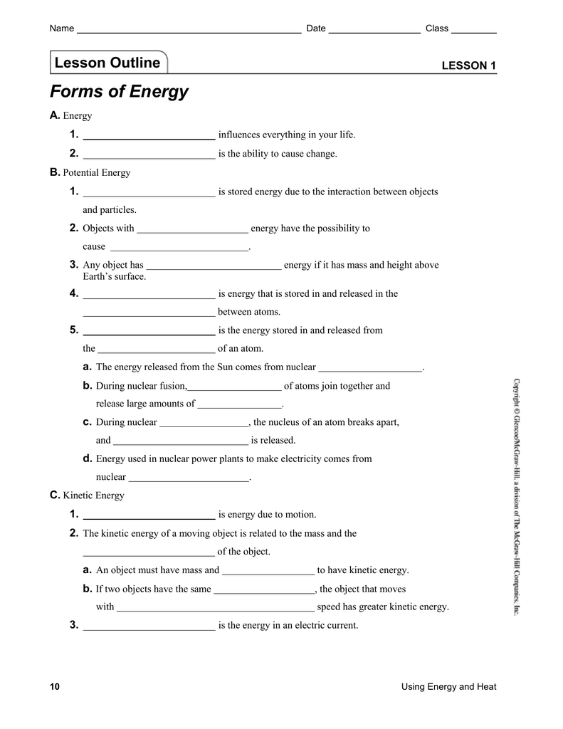 Lesson 22  Forms of Energy Regarding Introduction To Energy Worksheet Answers