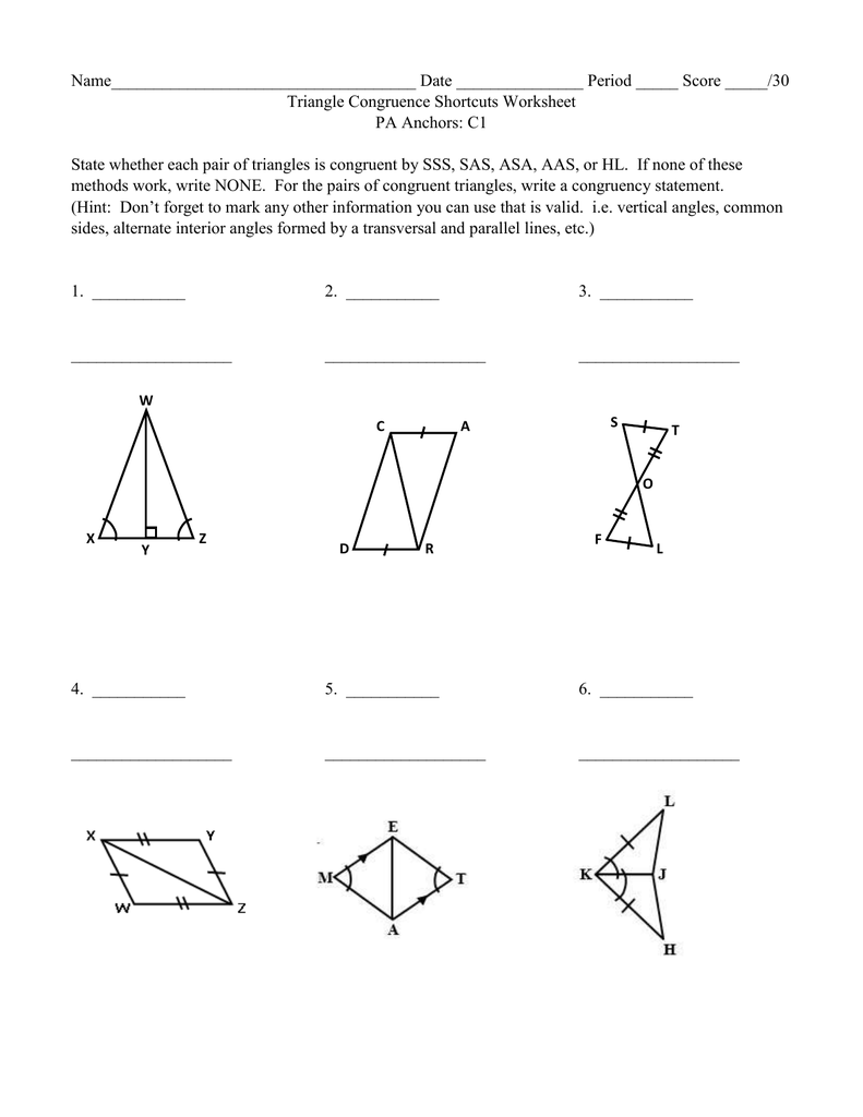 Triangle Congruence Shortcuts Worksheet Throughout Congruent Triangles Worksheet With Answer