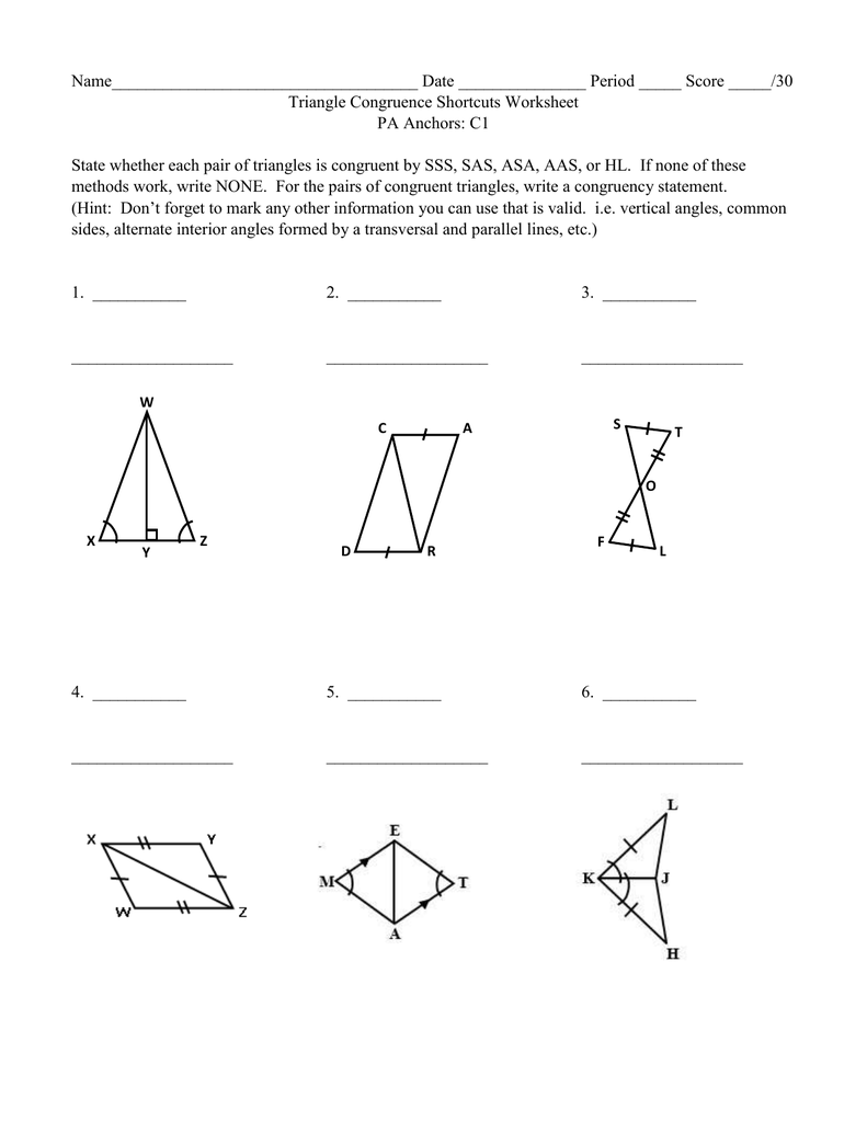 Triangle Congruence Shortcuts Worksheet Within Triangle Congruence Worksheet Answers