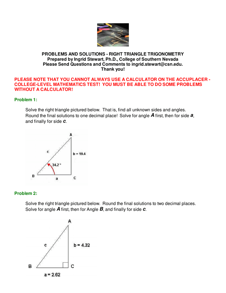 Right Triangle Trigonometry - Problems and Solutions Inside Right Triangle Word Problems Worksheet