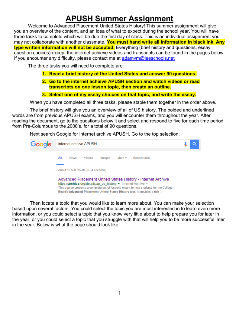 Apush Summer Assignment Fort Myers High School