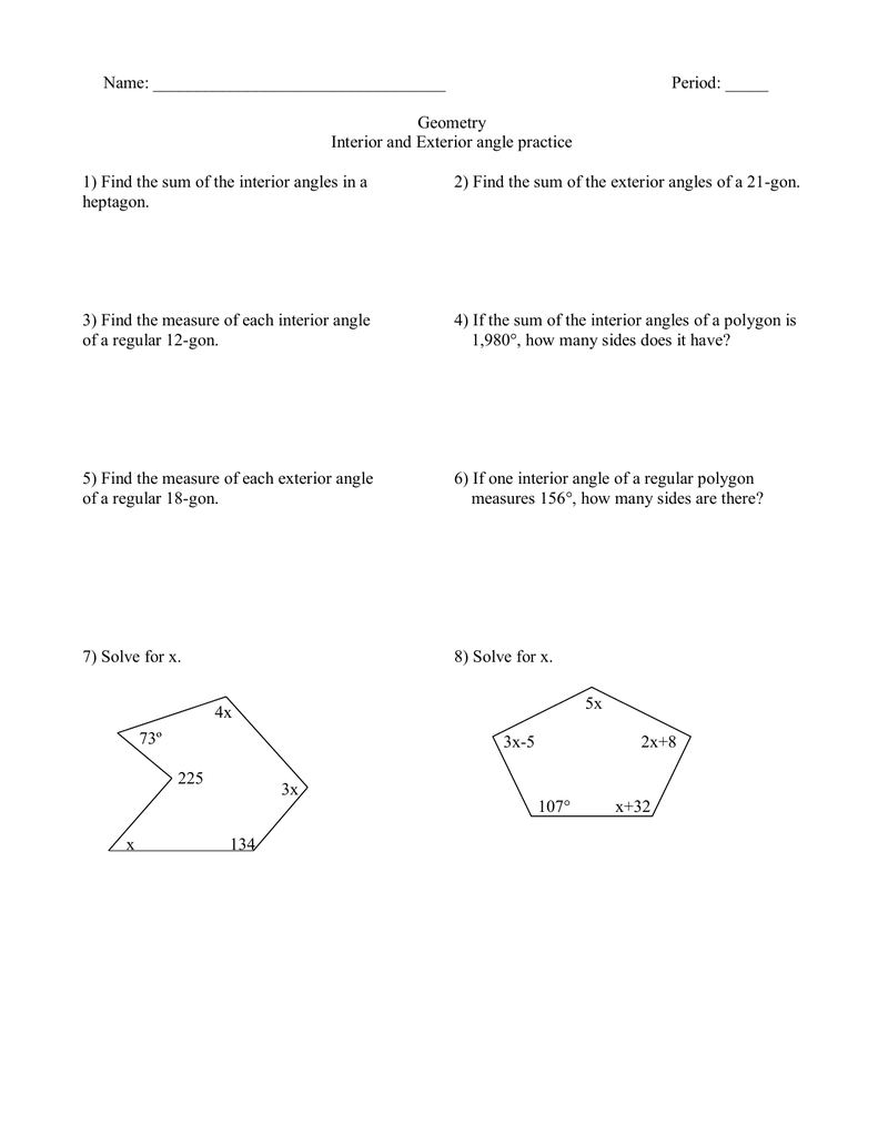 Geometry Interior And Exterior Angle Practice 1 Find The