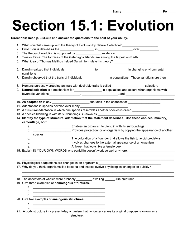 Worksheet 20.20 With Evolution And Natural Selection Worksheet