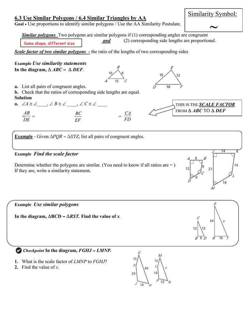 224.224 Use Similar Polygons / 224.24 Similar Triangles by AA Within Similar Polygons Worksheet Answers