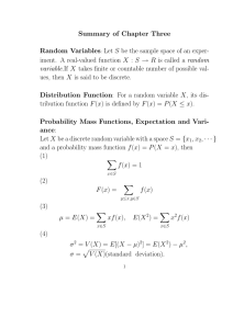 Summary of Chapter Three Random Variables: Let S be the sample