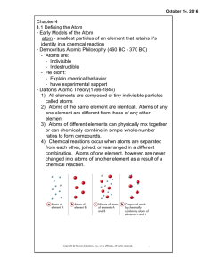 Chapter 4 4.1 Defining the Atom • Early Models of the Atom atom