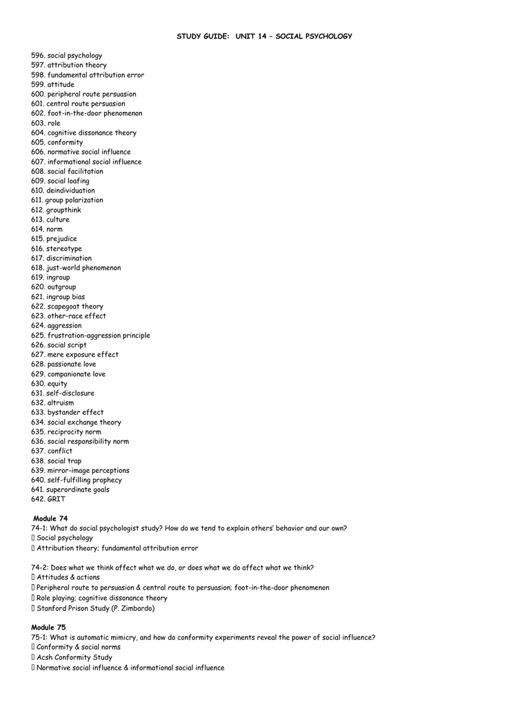 Study Guide Unit 14 Social Psychology 596 Social