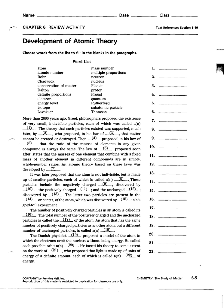 Worksheet development of atomic theory answers