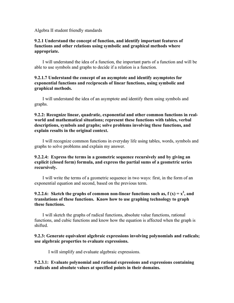Algebra Ii Student Friendly Standards