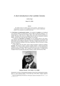 A short introduction to the Lambda Calculus
