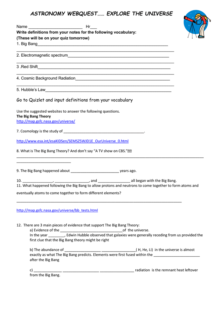 Astronomy Webquest Explore The Universe