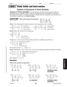 Study Guide and Intervention Systems of Equations in Three Variables