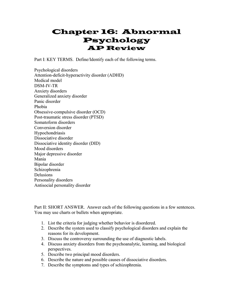 Abnormal Psychology Disorders Chart