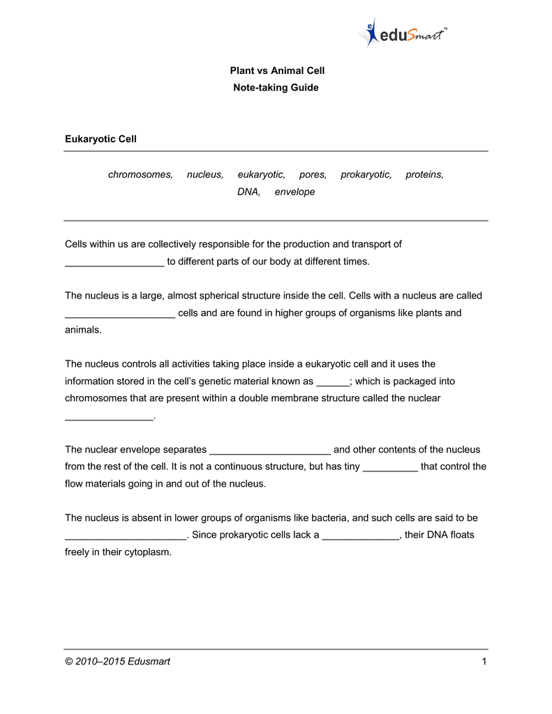 © 2010–2015 Edusmart 1 Plant vs Animal Cell Note