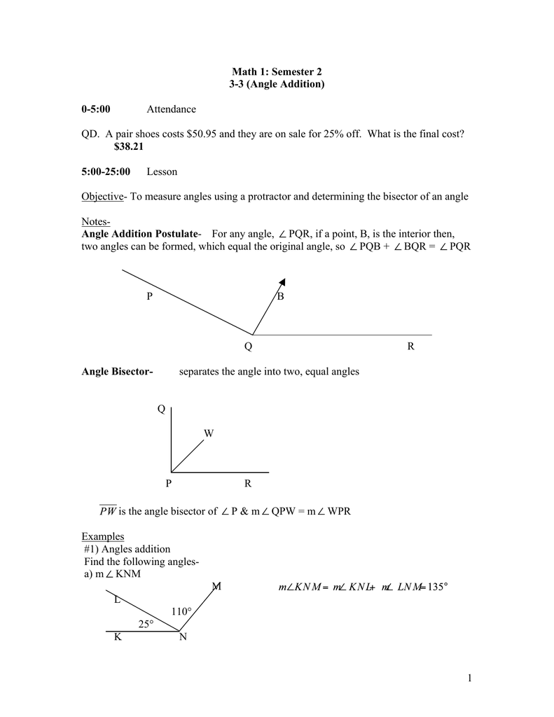 1 Math 1 Semester 2 3 3 Angle Addition 0