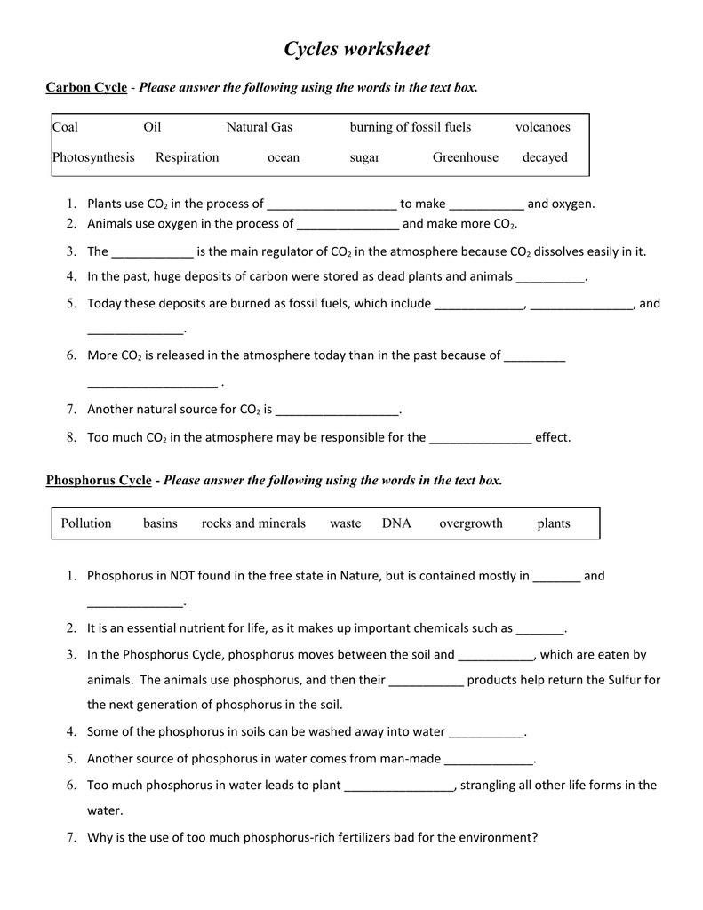 Cycles cloze exercises Throughout Nutrient Cycles Worksheet Answers