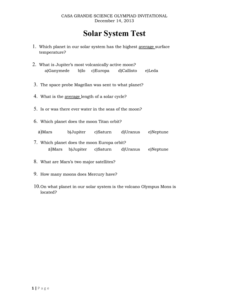 Solar System Test Arizona Science Olympiad