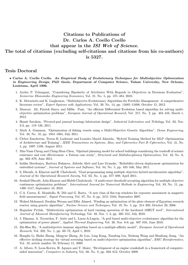 Citations To Publications Of Dr Carlos A Coello Coello That Appear Citations To Publications Of Dr Carlos A Coello Coello That Appear
