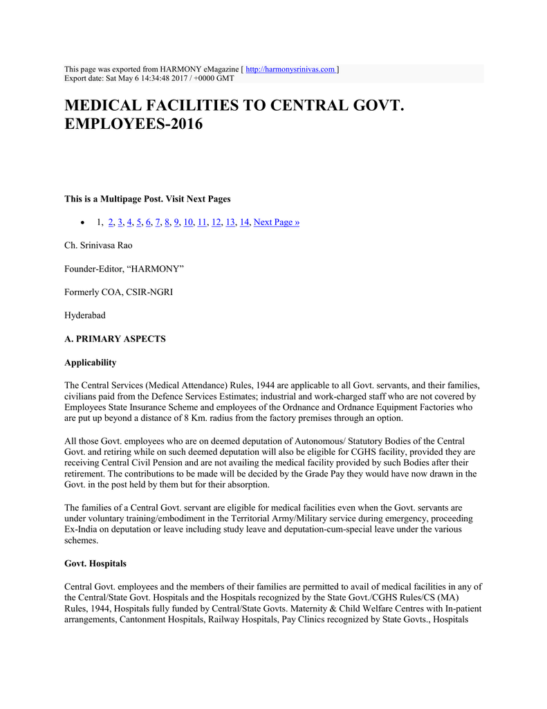 Medical Facilities To Central Govt Employees 2016
