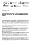NEWS RELEASE GLOBAL INVESTOR GROUPS URGE WORLD
