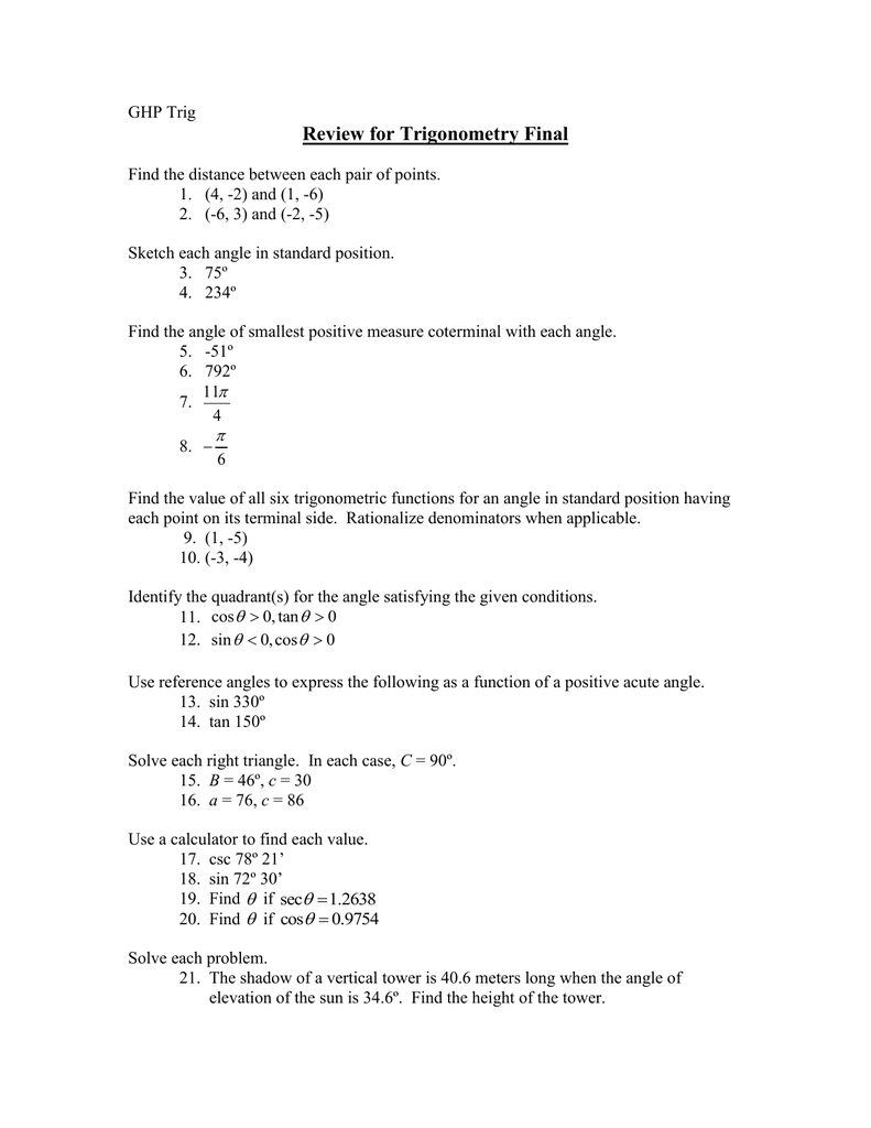 Review For Trigonometry Final