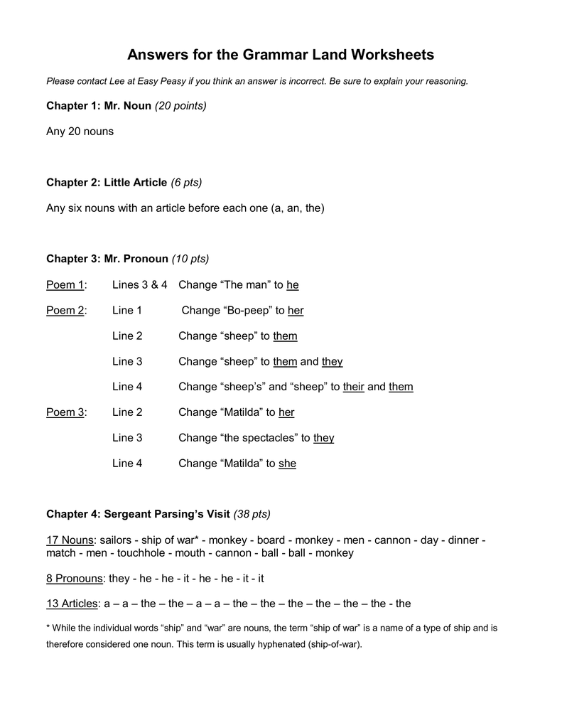 answers for the grammar land worksheets easy peasy all in