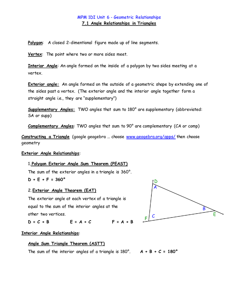 Unit 7 Lesson 1 Angle Relationships In Triangles Complete