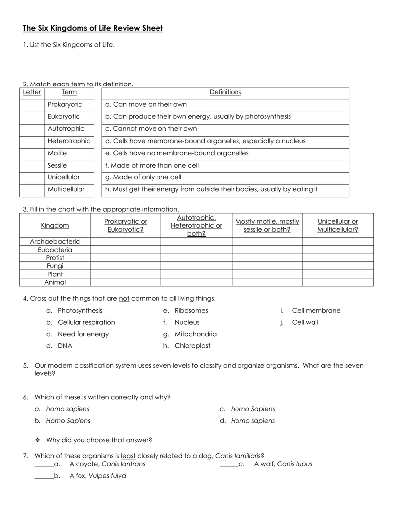 Six Kingdoms Of Classification Chart