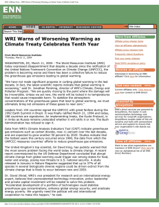 ENN Affiliate News - WRI Warns of Worsening Warming as Climate