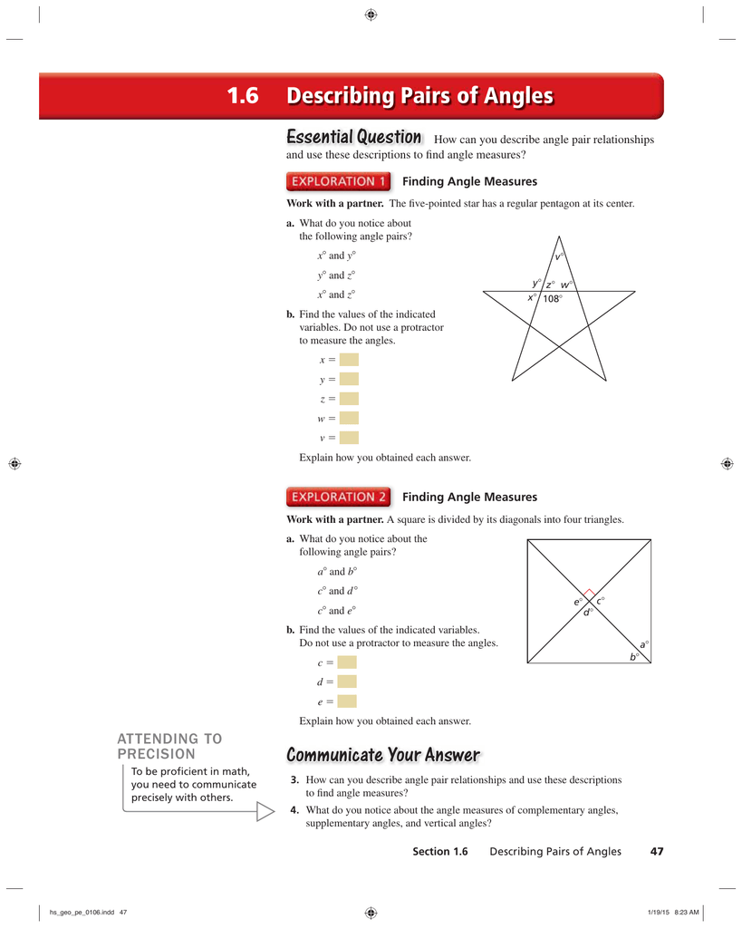 Describing Pairs of Angles Inside Pairs Of Angles Worksheet Answers