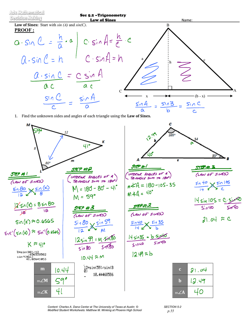 Key In Law Of Sines Worksheet Answers