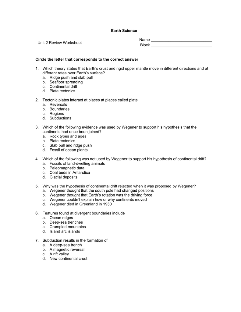 Earth Science Unit 2 Review Worksheet Name Block Circle The