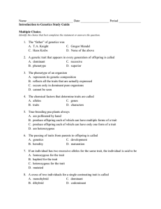 Name Date Period Introduction to Genetics Study Guide Multiple