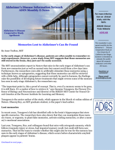 Memories Lost to Alzheimer`s Can Be Found Alzheimer`s Disease