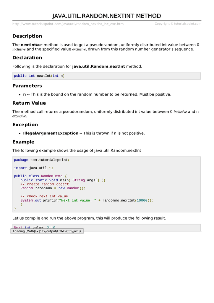 Java Util Random Nextint Int N Method Example