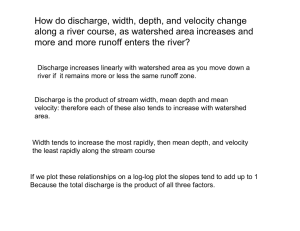 How do discharge, width, depth, and velocity change along a river