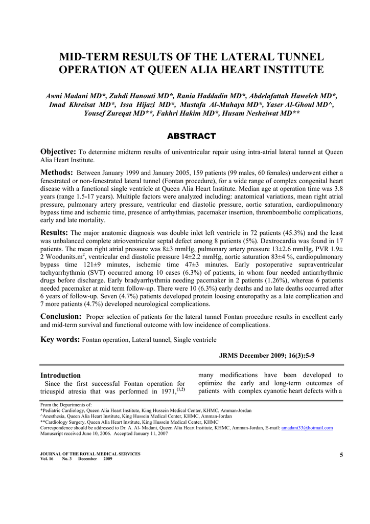 Mid Term Results Of The Lateral Tunnel Operation At Queen Alia Heart