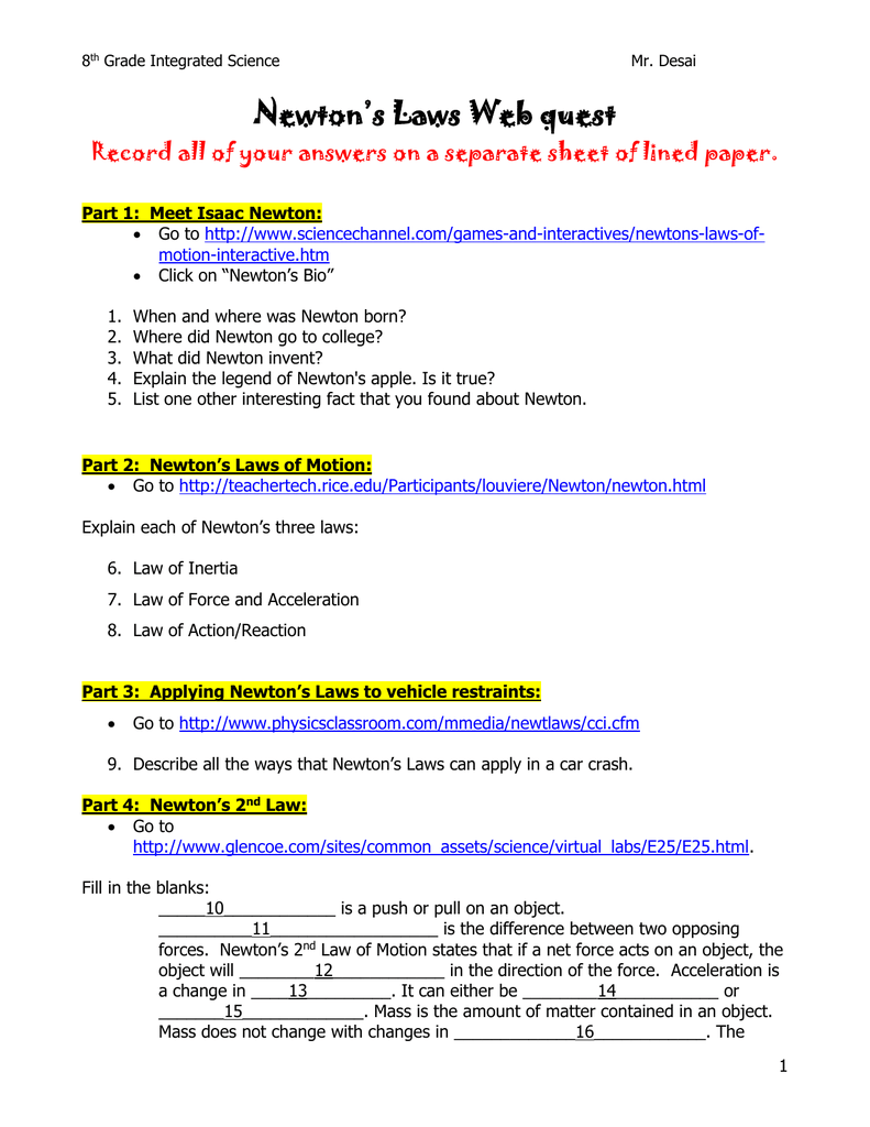 Newton*s Laws Webquest Intended For Newton Laws Worksheet Answers