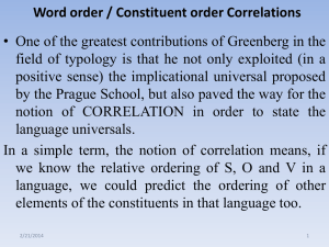 Word order / Constituent order Correlations Source: Whaley, Comrie