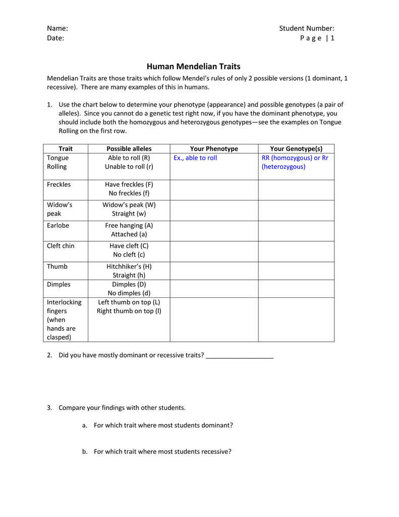 Dominant And Recessive Traits Chart