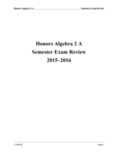 Honors Algebra 2 A Semester Exam Review 2015–2016