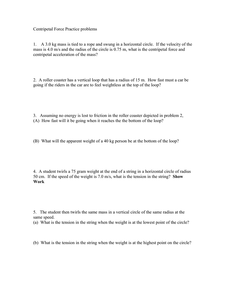 Centripetal Force Practice problems In Acceleration Practice Problems Worksheet