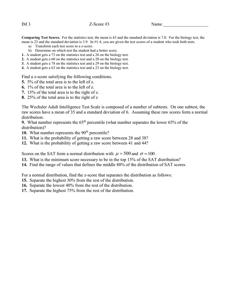 Z-Score Practice Worksheet Throughout Z Score Practice Worksheet