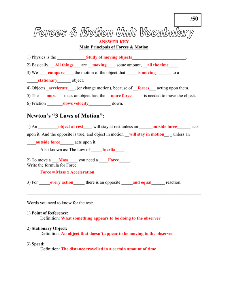 Unit Vocab Answer Key For Force And Motion Worksheet Answers