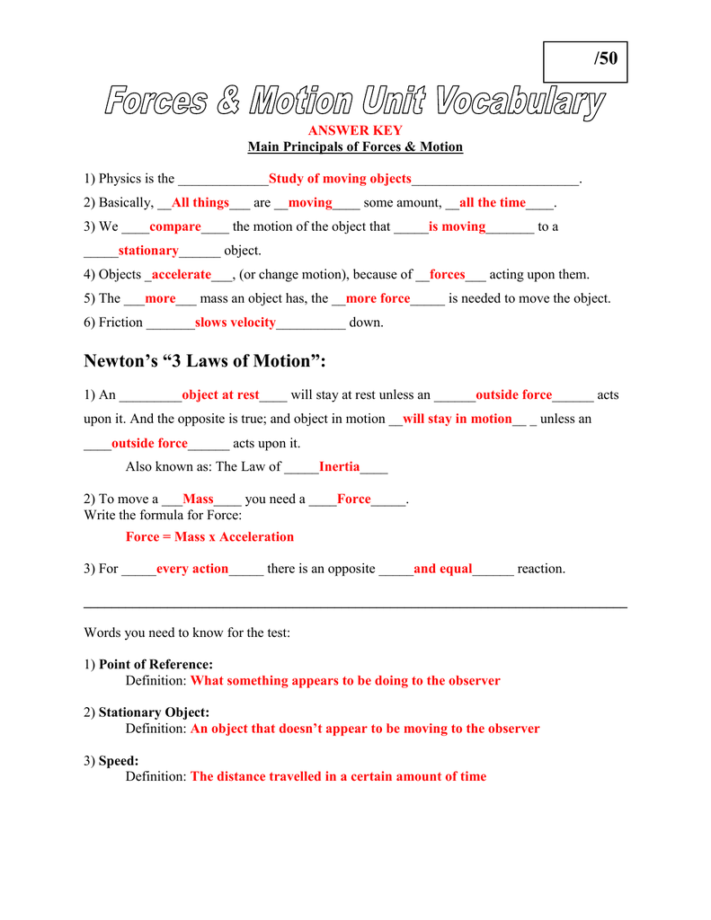 Unit Vocab Answer Key Throughout Force And Motion Worksheet Answers