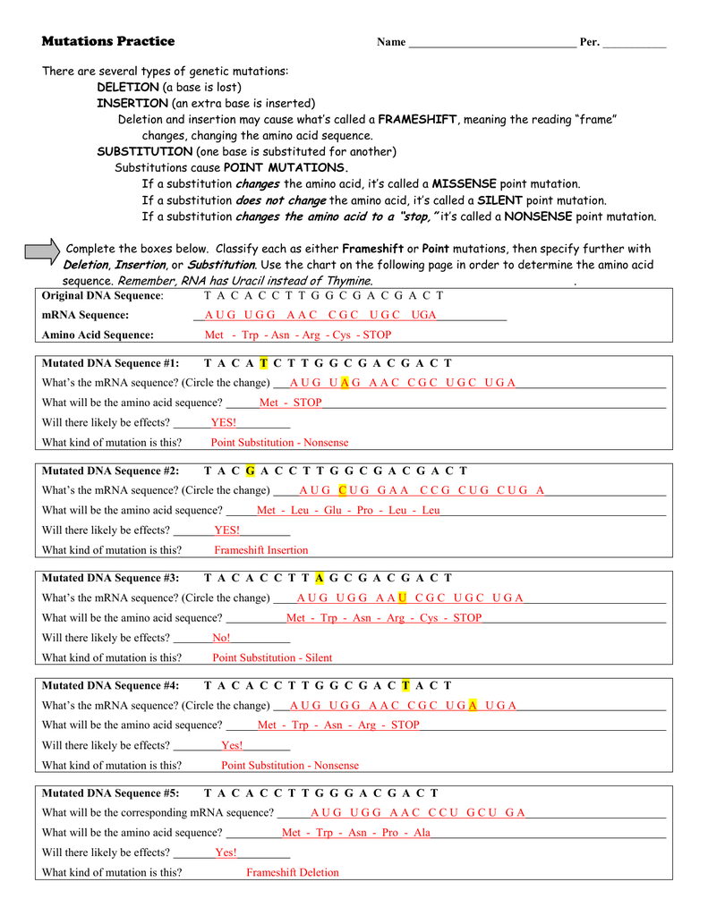 Mutations Worksheet Throughout Dna Mutations Practice Worksheet