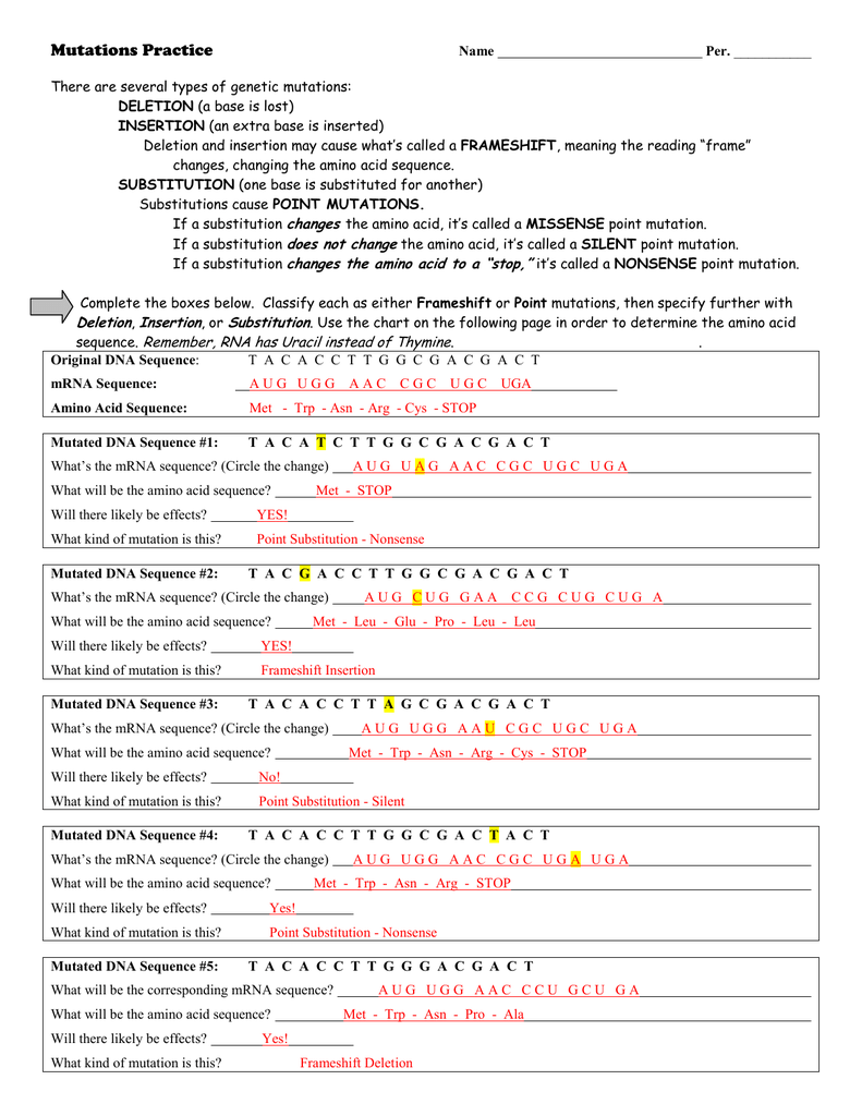 Mutations Worksheet Regarding Genetic Mutation Worksheet Answer Key