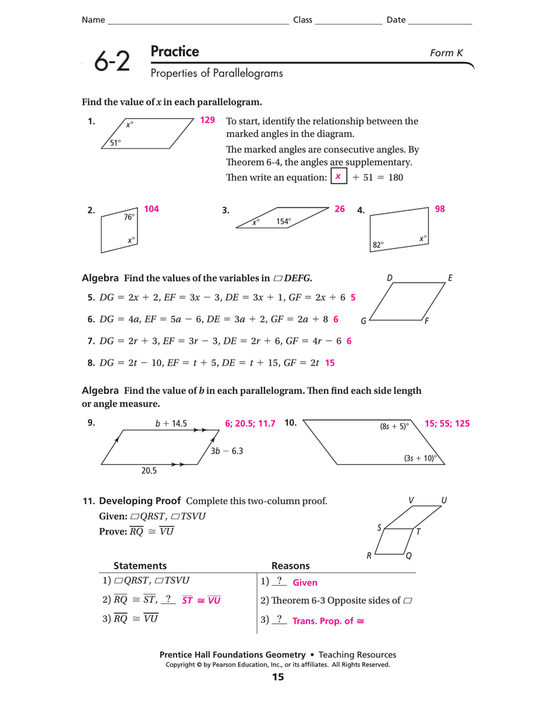 11-11 Practice Properties of Parallelograms Throughout Properties Of Parallelograms Worksheet
