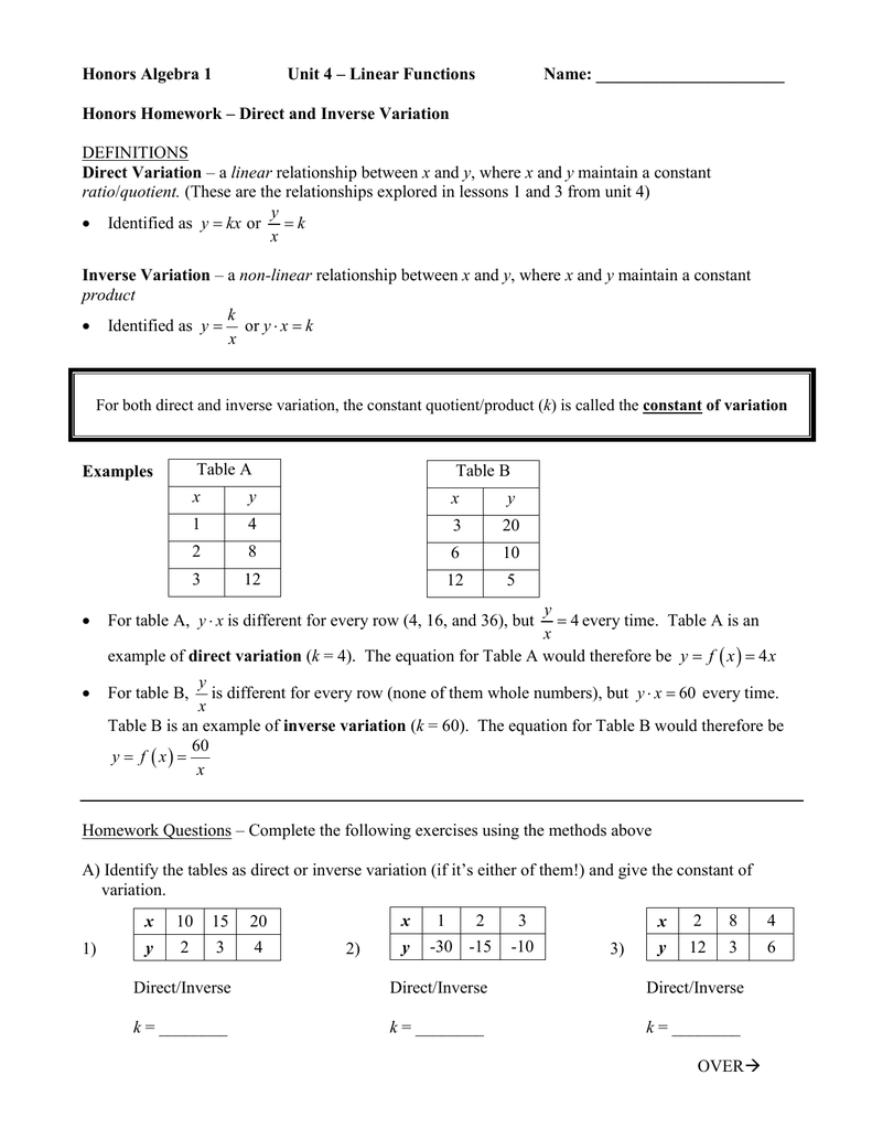 Honors HW – Direct and Inverse Variation For Direct And Inverse Variation Worksheet